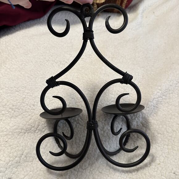 11” Vintage Gothic Dark Brown Scroll Wrought Iron Double Candle Wall Sconce - Picture 4 of 6